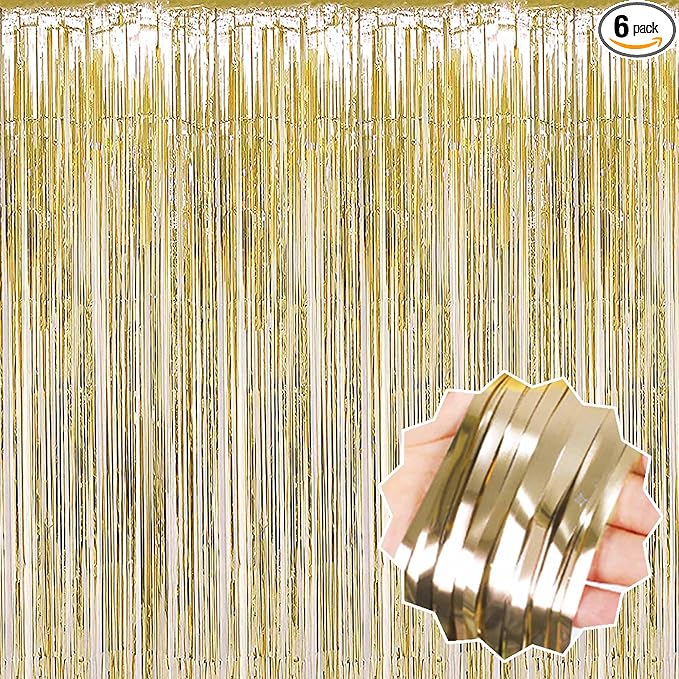 6 Pack Light Gold Foil Fringe Curtains Backdrop, 3.28 x 9.8 Ft Metallic Streamers Tinsel Curtains Background for Photo Booth, Birthday, Halloween, Christmas, Thanksgiving, New Year Party Decorations