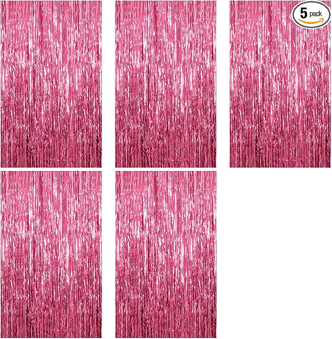 5 Pack Foil Curtain Backdrop Pink Metallic Tinsel Foil Fringe Curtains Photo Booth Props for Birthday Wedding Engagement Baby Shower Bachelorette Christmas Holiday Celebration Party Decorations