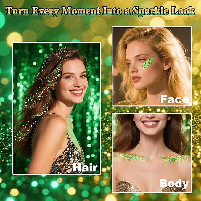 MEICOLY Gold and Green Face Glitter,Green Face Glitter,Gold Hair Accessories,Sparkle Halloween Body Glitter Makeup for Mardi Gras Carnival Festival Party,St Patricks Day Accessories