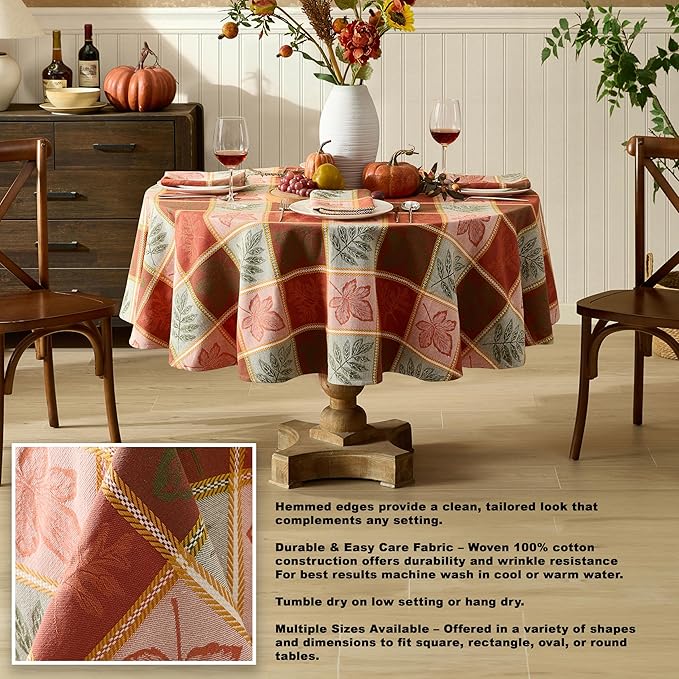 Newbridge Whispering Leaves Rust Orange and Green Plaid Thanksgiving Tablecloth, 70 Inch Round, Autumn Leaf Woven Fabric Table Cover, Fall Harvest Dining Decor