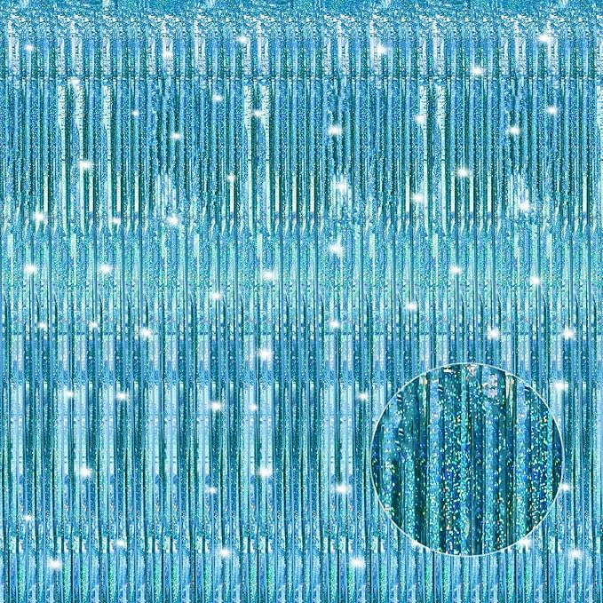 Crosize 3 Pack 3.3 x 9.9 ft Laser Blue Foil Fringe Curtains Party Decorations, Laser Blue Tinsel Curtain Backdrop for Parties, Door Streamers, Glitter Streamer Backdrop for Birthday Decoration