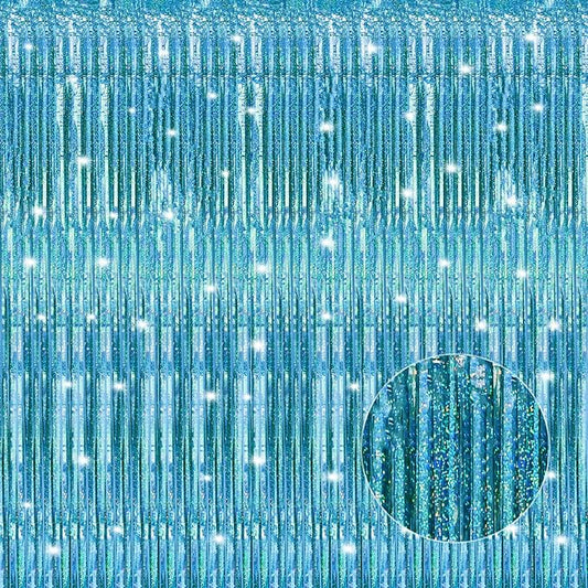 Crosize 3 Pack 3.3 x 9.9 ft Laser Blue Foil Fringe Curtains Party Decorations, Laser Blue Tinsel Curtain Backdrop for Parties, Door Streamers, Glitter Streamer Backdrop for Birthday Decoration
