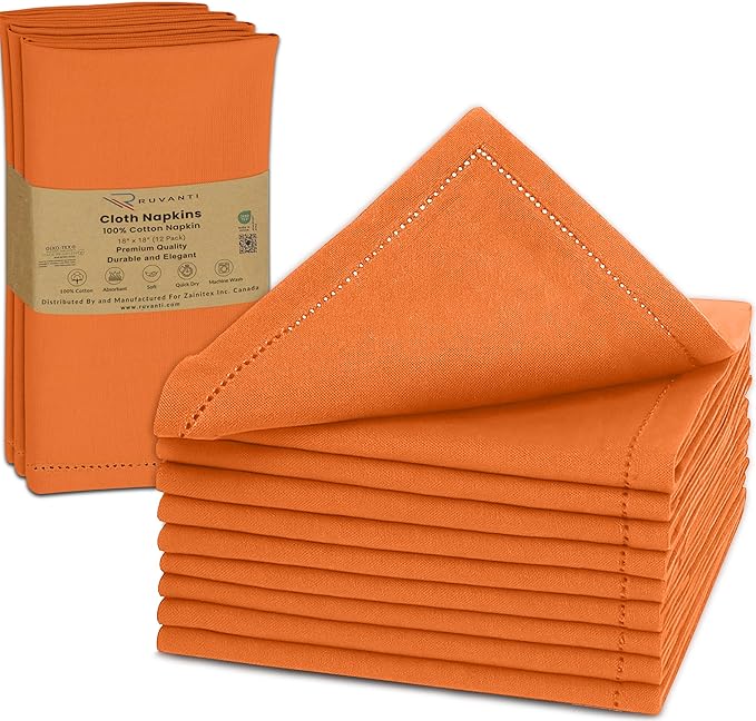 Ruvanti Cloth Napkins - 100% Cotton Dinner Napkins, Hem Stitched Corners, 18x18 Inch, 12 Pack - Soft, Absorbent, Durable, Reusable, Wrinkle Resistant for Formal Dining & Everyday Use - Orange Peel