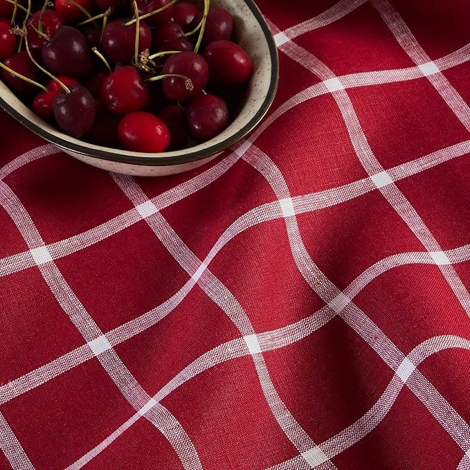Solino Home Linen Table Runner 90 Inches Long - 100% Pure Linen Windowpane Red Table Runner 14 x 90 Inch for Dining, Christmas, Xmas
