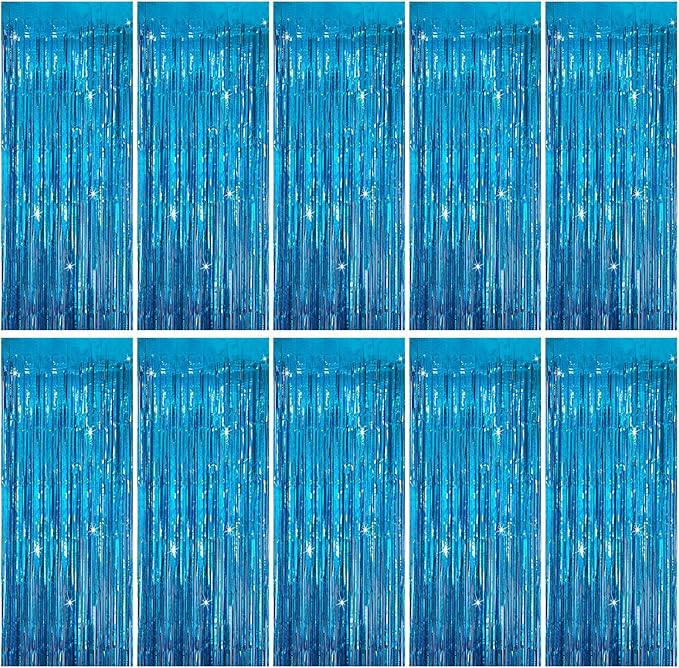 Tinsel Curtain Party Backdrop Blue Birthday Party Decorations 10 Packs Glitter Foil Fringe Curtain Party Decor Streamers Photo Booth for Birthday Christmas Wedding Halloween Graduation Decorations