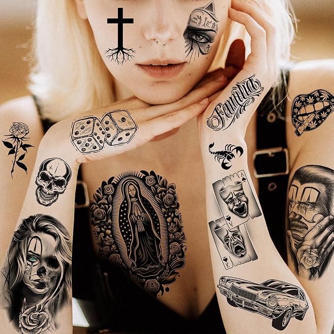 6 Sheets Chicano Temporary Tattoos For Women Men Adults Halloween Face Makeup Kit, Black Guadalupe Tattoo Stickers, Gangster Payasa Gansta Fake Tatoos Prison Familia Joker, Tatuajes Temporales