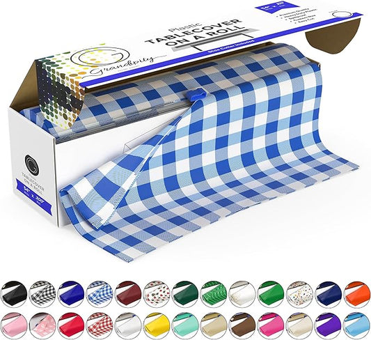Grandipity Plastic Tablecloth Roll - 54in x 300 Ft. Blue Gingham Checkered Plastic Table Cloths for Parties | Disposable with Cutter Box - Cut to Size Disposable Tablecloth for Rectangle & Round