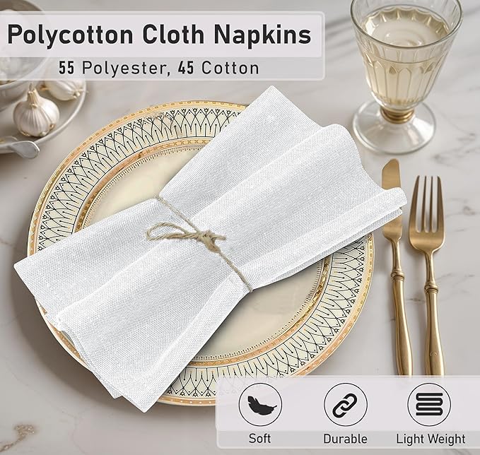 Ruvanti Cloth Napkins Set of 12, 18x18 Reusable Napkins Cloth Washable, Soft & Durable Table Napkin, Poly Cotton Fabric Dinner Napkins for Parties, Christmas, Thanksgiving, Weddings - White