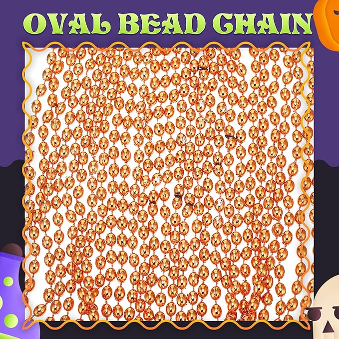 Riceshoot 200 Pcs Orange Bead Necklace Bulk Mardi Gras Oval Beads Necklace Party Favors 33" 7mm Metallic Color Beaded Costume Necklaces for Halloween Christmas Festive Event Accessories