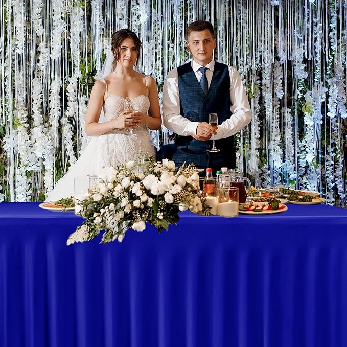 HolidayIdeas Royal Blue 8ft Rectangle Spandex Tablecloth 2 Pack Fitted Stretch Table Skirts 30x96 Inch, Ruffle Design Wrinkle-Free Polyester Table Cover for Banquets,Trade Shows, Parties, Events