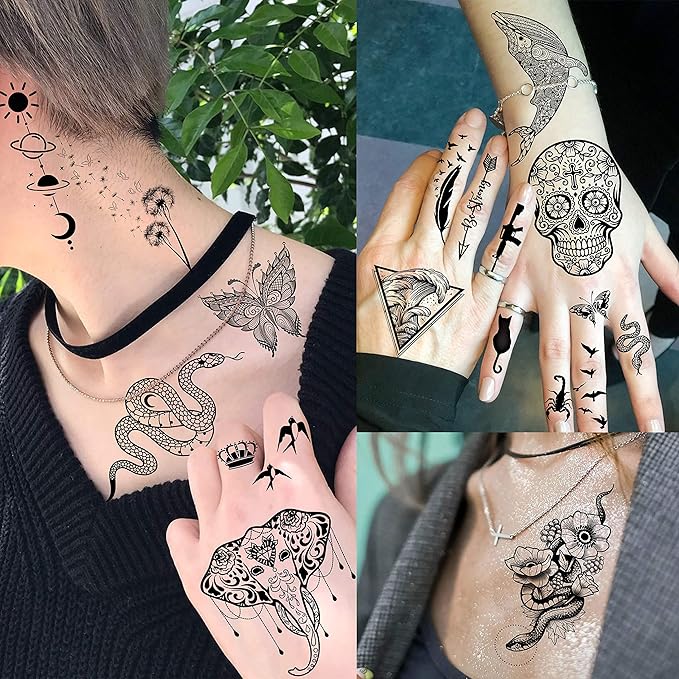 63 Sheets Realistic Black Rose Peony Flower Temporary Tattoos for Women Adults Body Art Arm, Snake Fake Floral Sketch Sleeve Tattoo Sticker