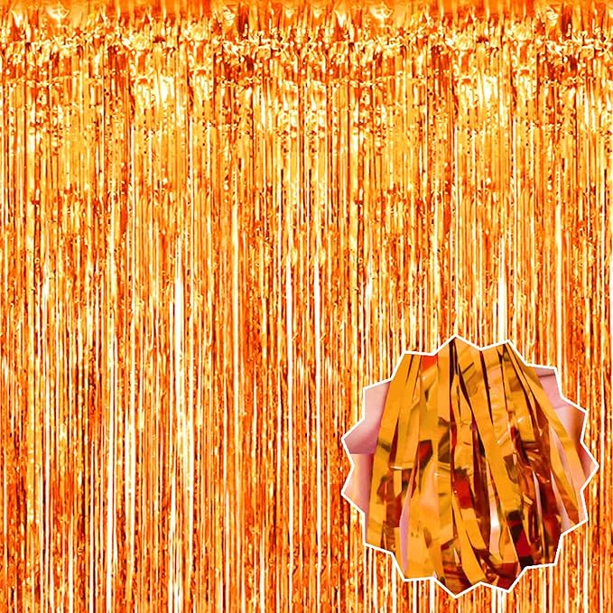 3 Pack Orange Foil Fringe Curtains Backdrop, 3.28 x 8.2 Ft Metallic Streamers Tinsel Curtains Background for Photo Booth, Birthday, Christmas, Halloween, Thanksgiving, New Year Party Decorations