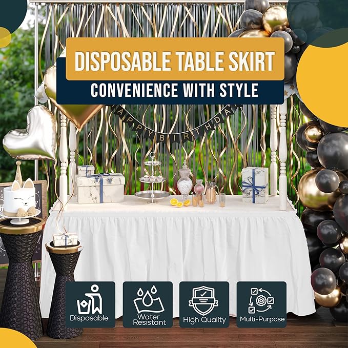 Exquisite Ruffle Table Skirt White Pack Of 6, 14 Ft Long Table Skirts for Rectangle Tables 6ft Plus or Round Tables Skirts with Adhesive Strip for Gender Reveal Decor & Happy Birthday Parties