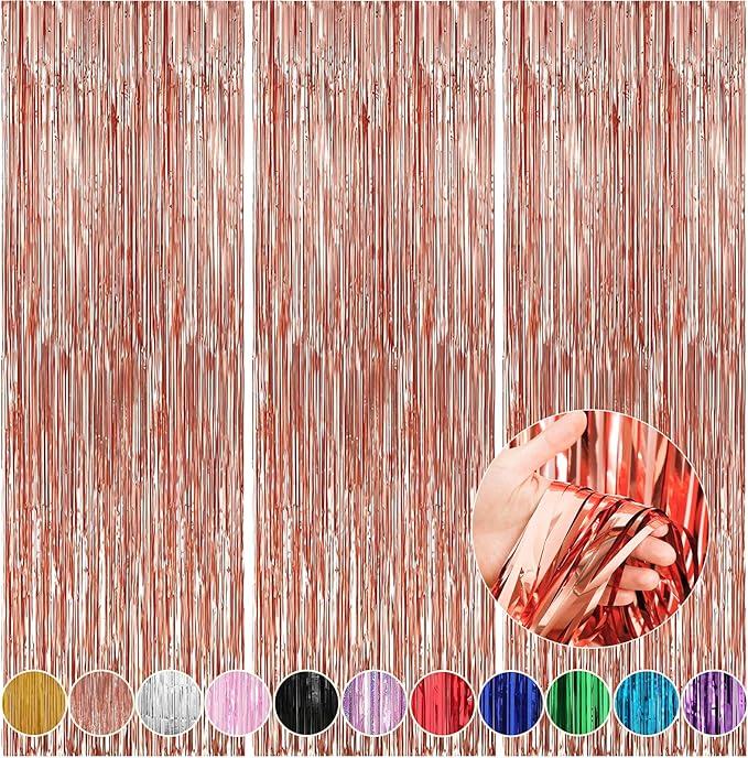 Crosize 5 Pack 3.3 x 9.9 ft Rose Gold Foil Fringe Curtains Party Decorations, Rose Gold Tinsel Curtain Backdrop for Parties, Door Streamers, Glitter Streamer Backdrop for Birthday Decoration