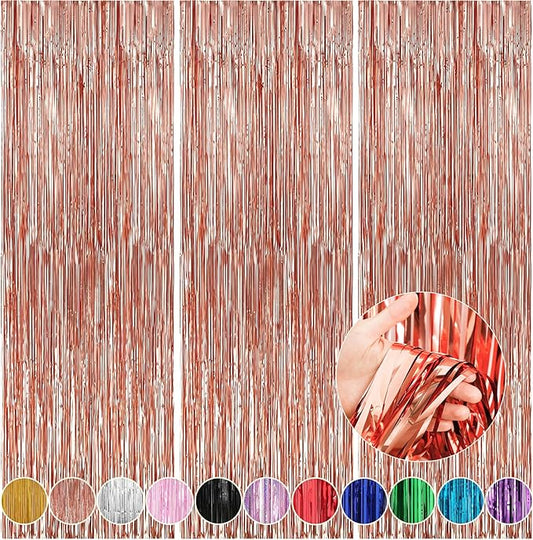 Crosize 5 Pack 3.3 x 9.9 ft Rose Gold Foil Fringe Curtains Party Decorations, Rose Gold Tinsel Curtain Backdrop for Parties, Door Streamers, Glitter Streamer Backdrop for Birthday Decoration