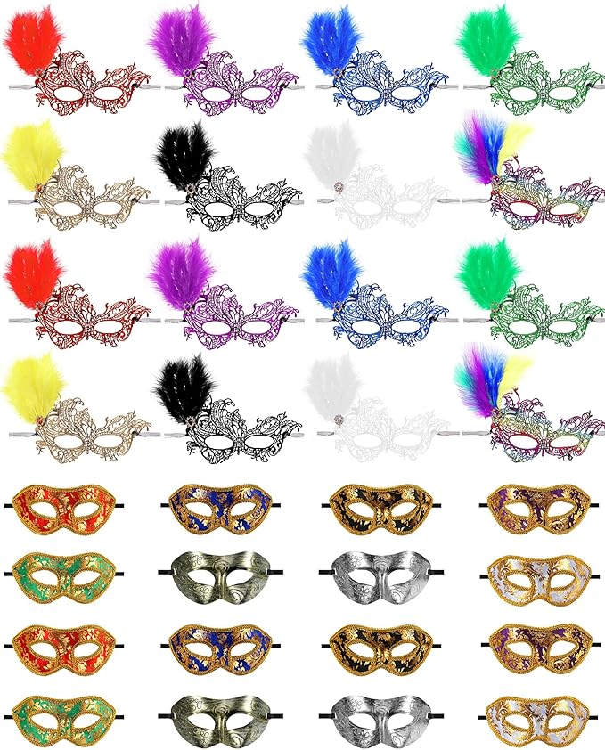 Sratte Couple Masquerade Mask with Feather Flower Unisex Half Face Venetian Mask for Mardi Gras Party