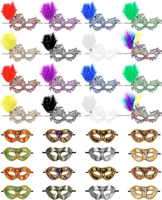 Sratte Couple Masquerade Mask with Feather Flower Unisex Half Face Venetian Mask for Mardi Gras Party