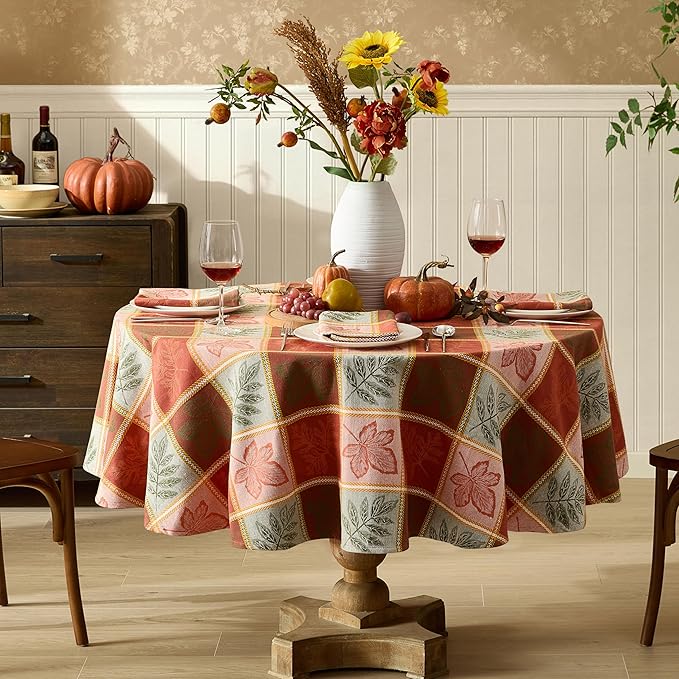 Newbridge Whispering Leaves Rust Orange and Green Plaid Thanksgiving Napkins, Set of 4, Autumn Leaf Woven Fabric Table Linens, Fall Harvest Farmhouse Dining Decor