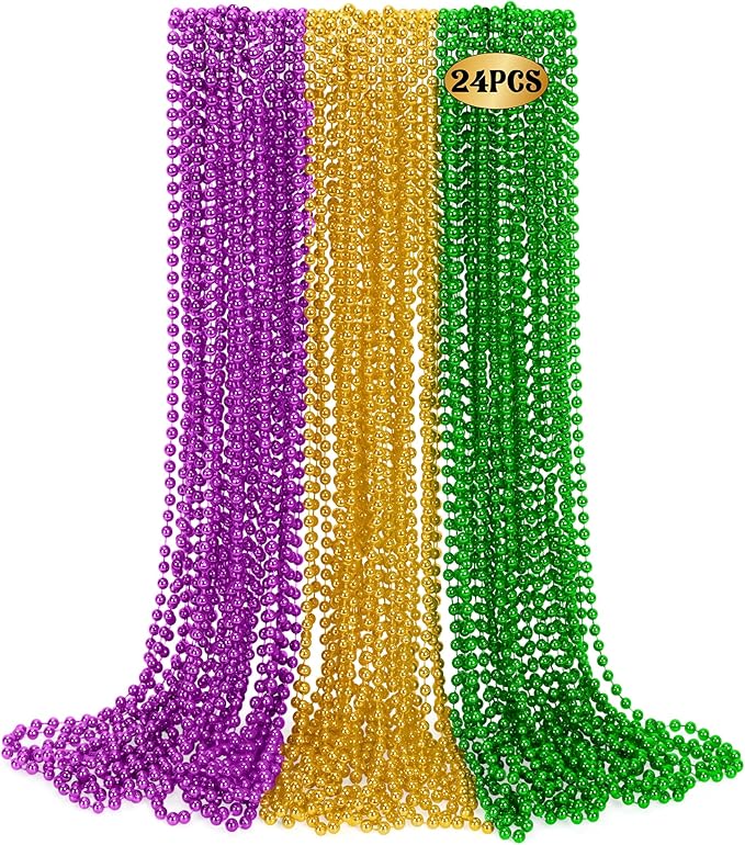 24 PCS Mardi Gras Beads Necklaces, 33" Green Purple Gold Metallic Costume Accessories Bulk, Party Beads Carnival Parade Throws, Round Beaded Necklaces for Baby Shower Decorations Party Favors