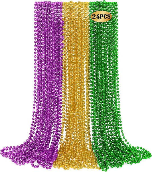24 PCS Mardi Gras Beads Necklaces, 33" Green Purple Gold Metallic Costume Accessories Bulk, Party Beads Carnival Parade Throws, Round Beaded Necklaces for Baby Shower Decorations Party Favors