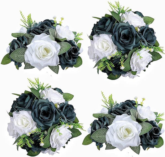 Artificial Flowers Ball 4 Pcs - Emerald Green White Wedding Table Centerpiece Decorations for Flower Arrangements