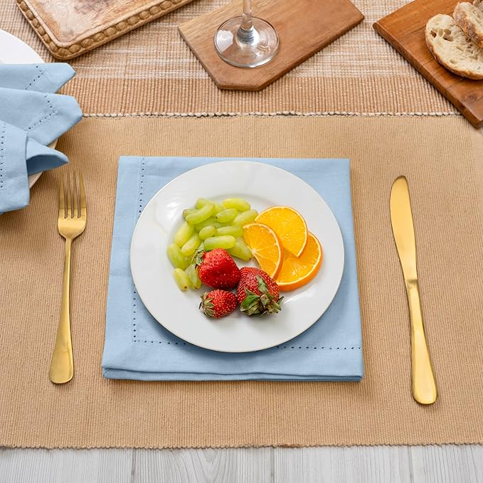 Blue Needles Set of 6 Hemstitch Linen Napkins 100% Cotton Ice Blue Cloth Dinner Napkins 18x18 inches, Soft, Reusable, Absorbent, Washable, Ideal for Fall Thanksgiving Events, Parties & Everyday Use
