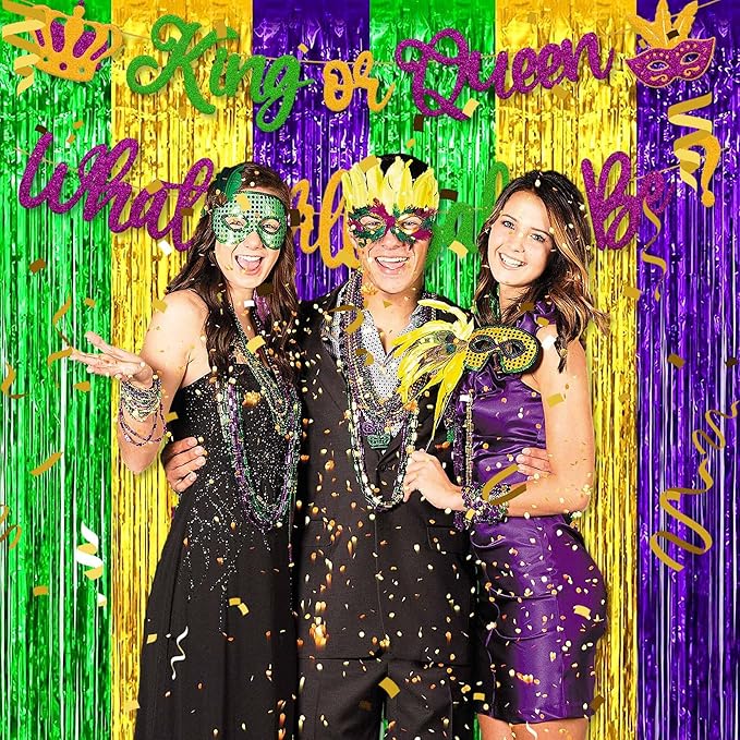 3 Pack Gold Green Purple Foil Fringe Curtains Backdrop, 3.28 x 8.2 Ft Metallic Streamers Tinsel Curtains Background for Photo Booth, Birthday, Christmas, Halloween, New Year Party Decorations