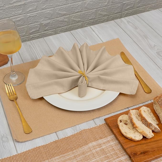 Blue Needles Solid Cloth Napkins Set of 12 Beige 100% Cotton Dinner Napkins 18x18 inches - Soft, Reusable, Absorbent & Washable Fall Thanksgiving Linen, Ideal for Events, Parties & Everyday Use