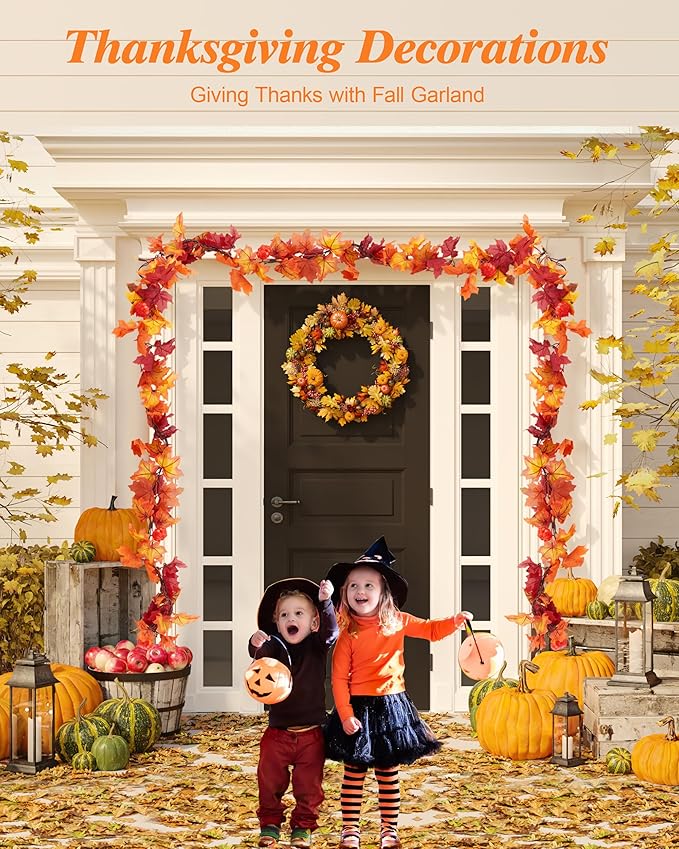 VCOKEN 11FT Fall Garland With Lights - 50 Bulbs Connectable Maple Leaves With Pumpkin, Plug-in Decor for Outdoor Indoor Halloween Thanksgiving Holidays