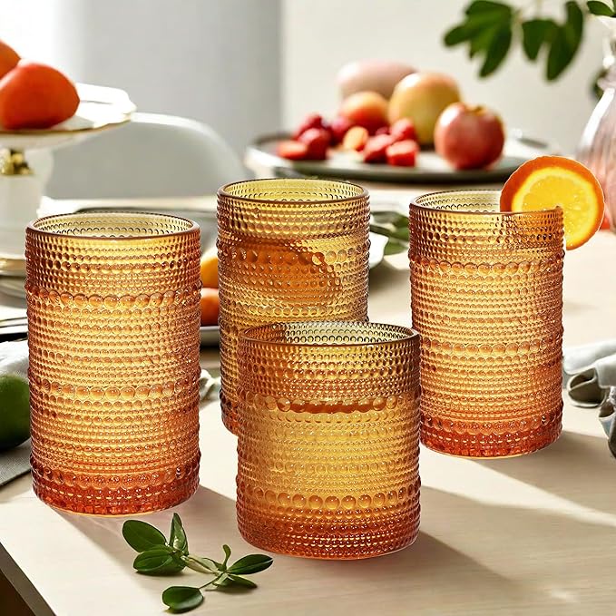 Vintage Hobnail Driinking Glasses Set, Glassware Drinking Set of 8, 12 oz Highball Glasses & 10 oz Cocktail Glasses, Tumbler Glasses for Cocktails, Whiskey, Juice, Milk