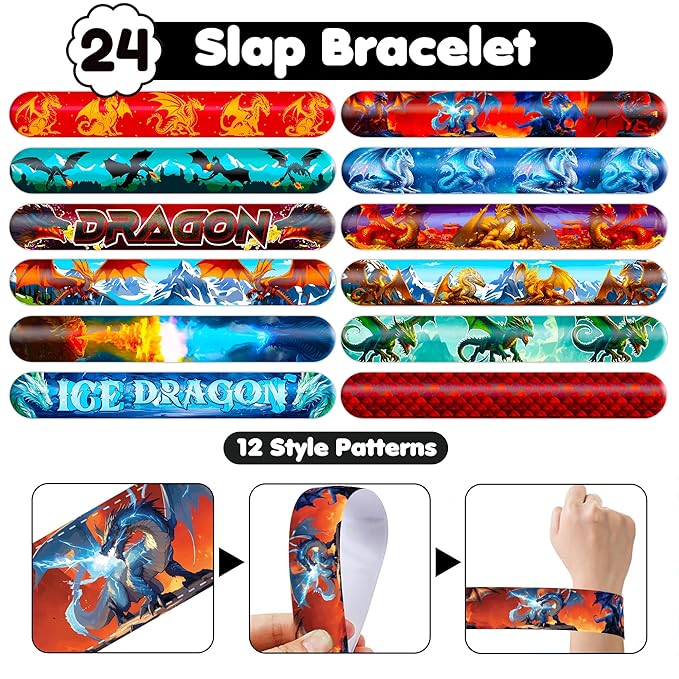 72PCS Dragon Party Set | 48PCS Temporary Pre-cut Tattoos & 24PCS Slap Bracelets Fun Fantasy Themed Birthday Supplies, Baby Shower Gifts, Classroom Rewards & Party Decor for Kids (Boys & Girls)