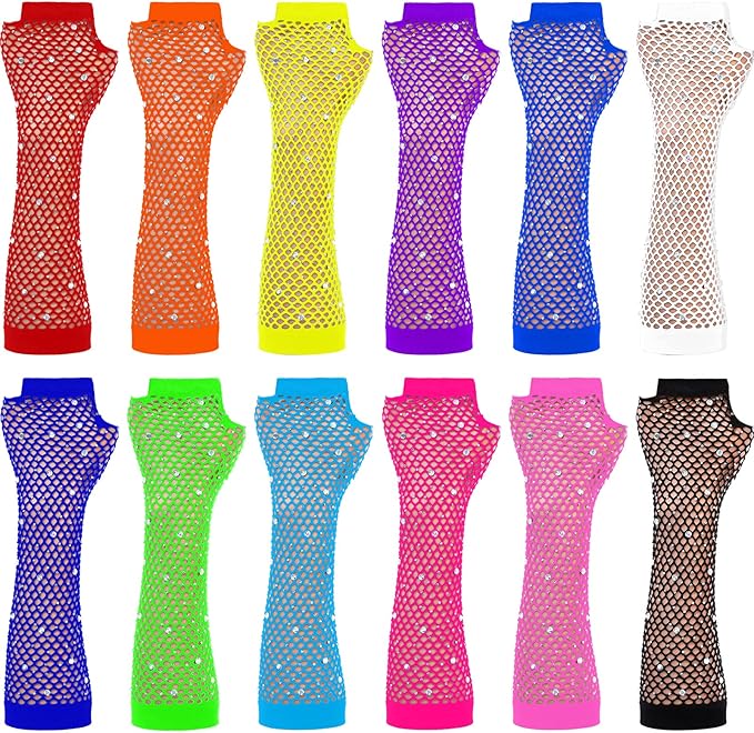 TecUnite 12 Pairs Fishnet Gloves Fingerless Neon Gloves for Women Men 80s Party Costume Accessories Supplies