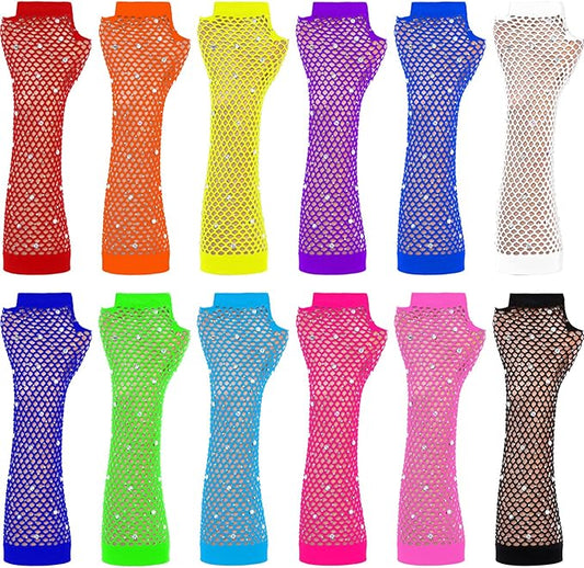 TecUnite 12 Pairs Fishnet Gloves Fingerless Neon Gloves for Women Men 80s Party Costume Accessories Supplies