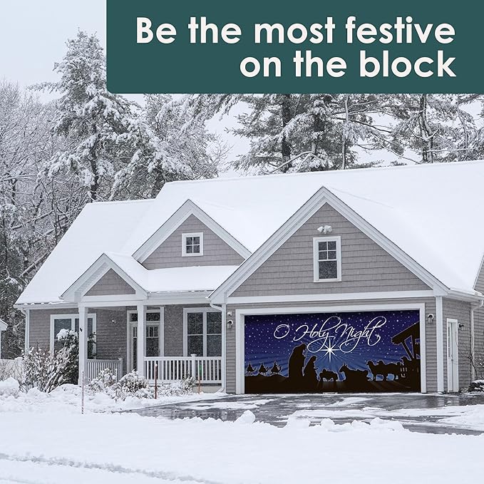 7' x 16' Peaceful O Holy Night Nativity Garage Door Banner - Designed to Move with Door | Sacred Christmas Double Garage Door Decoration