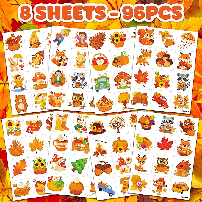 96 PCS Hello Fall Autumn Leaves Animal Pumpkin Pre-Cut Temporary Tattoos for Kids | Cute Themed Birthday Party Favors, Supplies, Decorations, Fake Tattoo Stickers, School Rewards Gifts & Boys & Girls