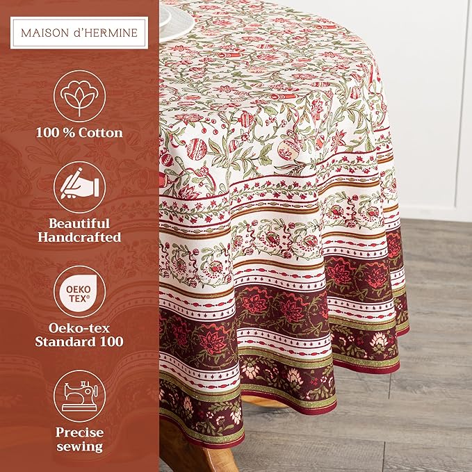 Maison d' Hermine Table Cloth Round Table 100% Cotton 63 Inches Fall Tablecloth Reusable Everyday Use for Thanksgiving Christmas Decorations Dining Farmhouse Party (Reveillon Au Jardin)