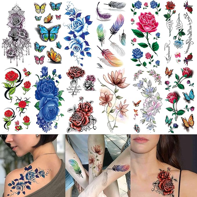 COKTAK 56 Sheets Variety Colorful Rose Flowers Temporary Tattoos For Women, Realistic Feather 3D Butterfly Fake Tattoos Temporary For Girls, Sexy Floral Blossom Branch Arm Neck Face Tatoo Sticker Kit