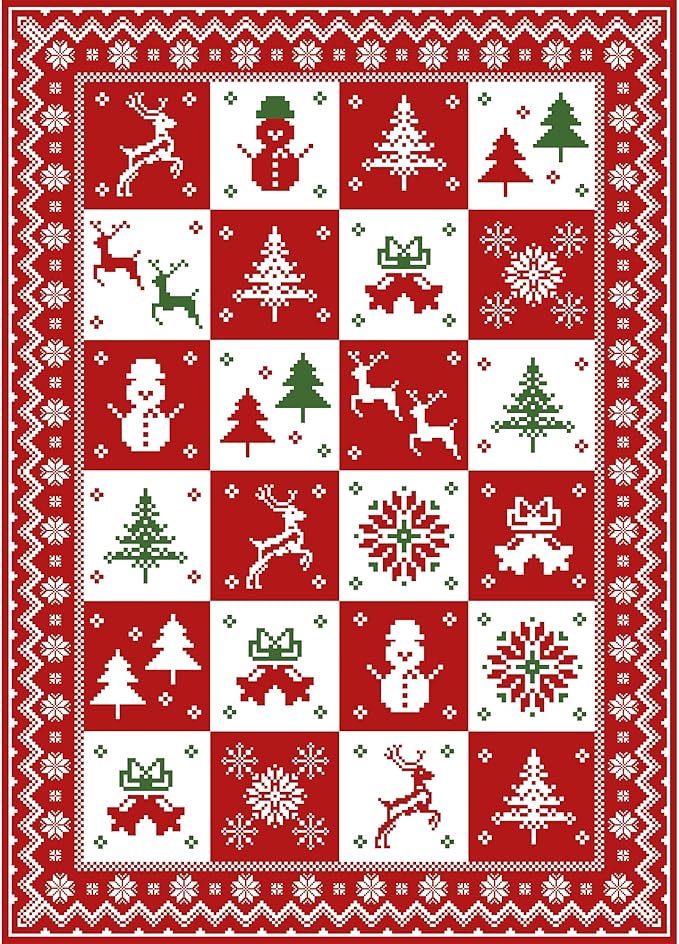 Christmas Area Rug 5x7 for Living Room, Washable Rug for Bedroom, Christmas Home Decor, Holiday Print Carpet, Low Pile Non Slip Mat with Rubber Backing, Red White Checkerboard
