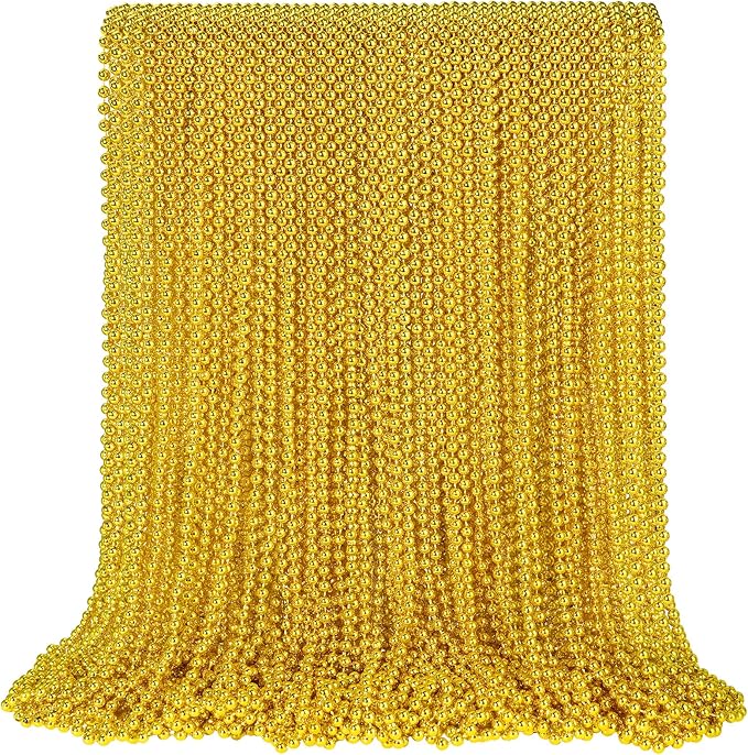 100 PCS Gold Bead Necklace, Gold Mardi Gras Christmas Beads Necklaces 33" Metallic Beaded Costume Necklaces Party Necklaces for Mardi Gras Parade Throws Wedding Birthday Pirate Party Favors