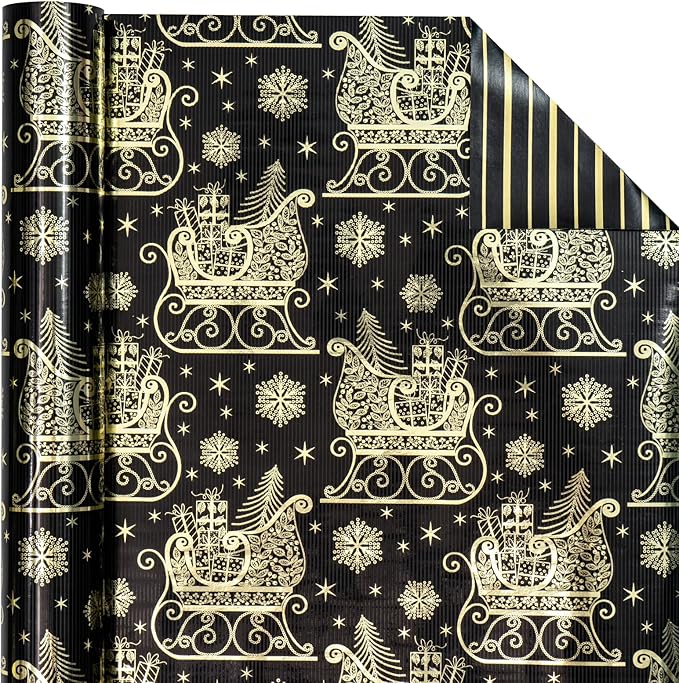 WRAPAHOLIC Reversible Black and Gold Christmas Wrapping Paper - Mini Roll - 17 Inch x 33 Feet - Black Gold Sleigh and Stripe Wrapping Paper with Metallic Foil Shine for Christmas, Holiday, Party