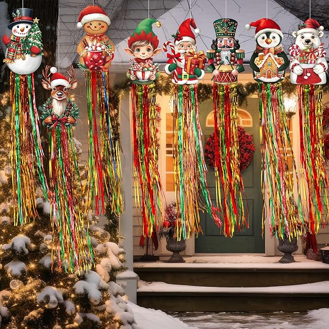 8pcs Christmas Windsocks Outdoor Hanging Decorations with Tassels Classic Christmas Yard Decorantion for Outside 3.3ft Xmas Signs for Wall Tree Home Lawn Yard Party Supplies Garden Decor