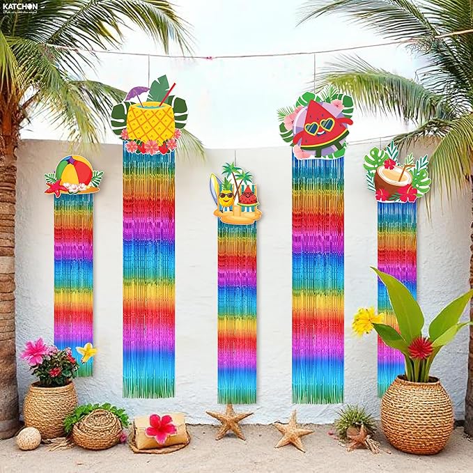 KatchOn, Colorful Tropical Fringe Hanging Decorations - Pack of 8 | Rainbow Streamers for Luau, Hawaiian, Topical Party Decorations | Summer Photo Booth Backdrop for Pool, Summer Party Decoration