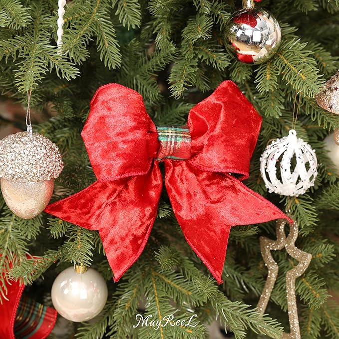 MAYREEL Red Crushed Velvet Wired Ribbon 4 Inch Thick Luxurious Reversible Tartan Christmas Ribbon with Plaid Back for Tree Decorations, Garlands, Wreaths, Gift Wrapping and Holiday Crafts - 10 Yards