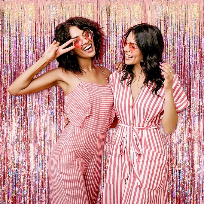 3 Pack Rose Gold Foil Fringe Curtains Backdrop, 3.28 x 8.2 Ft Metallic Streamers Tinsel Curtains Background for Photo Booth, Birthday, Christmas, Halloween, Thanksgiving, New Year Party Decorations