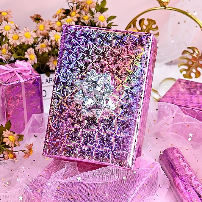 Yarcony Pink Holographic Wrapping Paper Roll, Shiny Iridescent Metallic Gift Wrapping Paper, Colorful Rainbow Valentines Wrapping Paper for Girl Birthday Party,Anniversary,Wedding (17 Inch X 33 Feet)