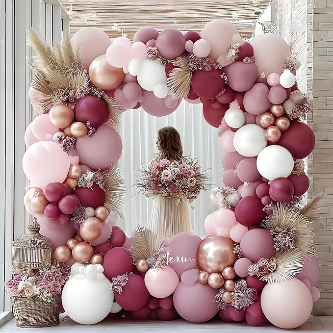 Dusty Rose Balloon Arch Kit Double Stuffed Pink Balloon Garland Pastel Light Pink Mauve Pearl White Rose Gold Latex Balloons for Birthday Baby Shower Bridal Wedding Bachelorette Party Decorations