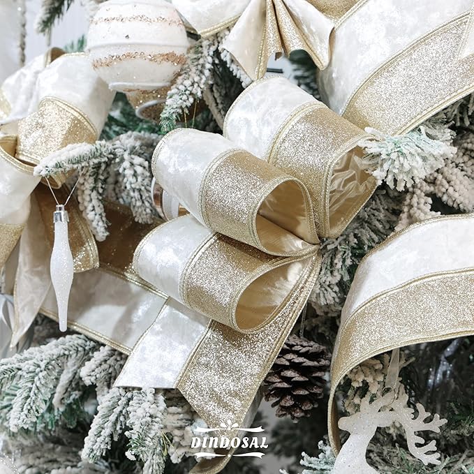 Ivory Velvet Wired Christmas Ribbon 4 Inch Extra Wide Thick Ivory and Gold Glitter Holiday Ribbon – 10-Yards Roll for Tree Decorations, Gift Wrapping, Wreaths, and DIY Crafts