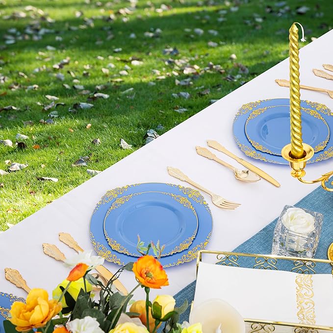 125PCS Blue and Gold Plastic Plates - Airy Blue Disposable Plate - Gorgeous Plates with Gold Plastic Silverware Sets for 25 Guests for Party & Wedding & Spring