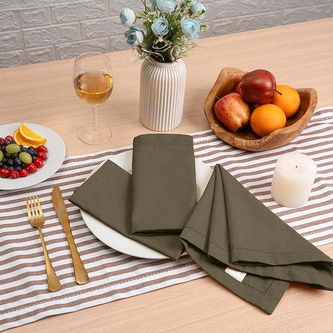 Blue Needles Set of 6 Hemstitch Linen Napkins 100% Cotton Olive Green Cloth Dinner Napkins 18x18 inches, Soft, Reusable, Absorbent, Washable, Ideal for Fall Thanksgiving Events, Parties & Everyday Use
