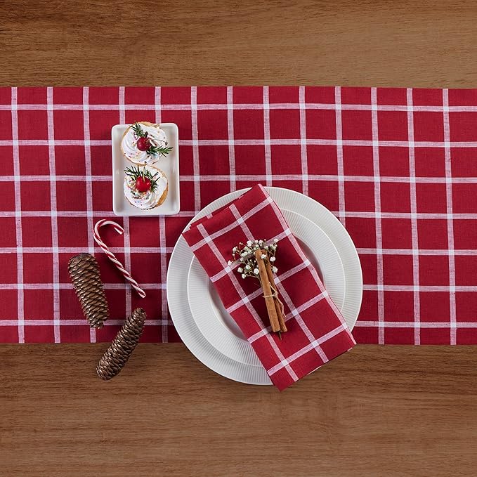 Solino Home Linen Plaid Table Runner 48 Inches - 100% Pure Linen Windowpane Red Short Table Runner 14 x 48 Inch Ideal for Dresser and Coffee Tables - Christmas, Xmas